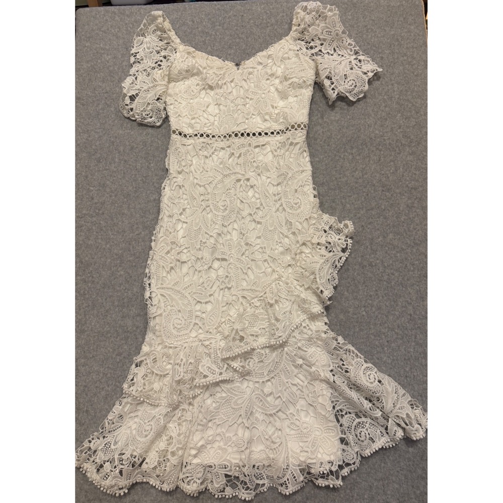 Lulus White Lace Off Shoulder Ruffle High Low Midi Dress Medium Rush Homecoming - Picture 1 of 10